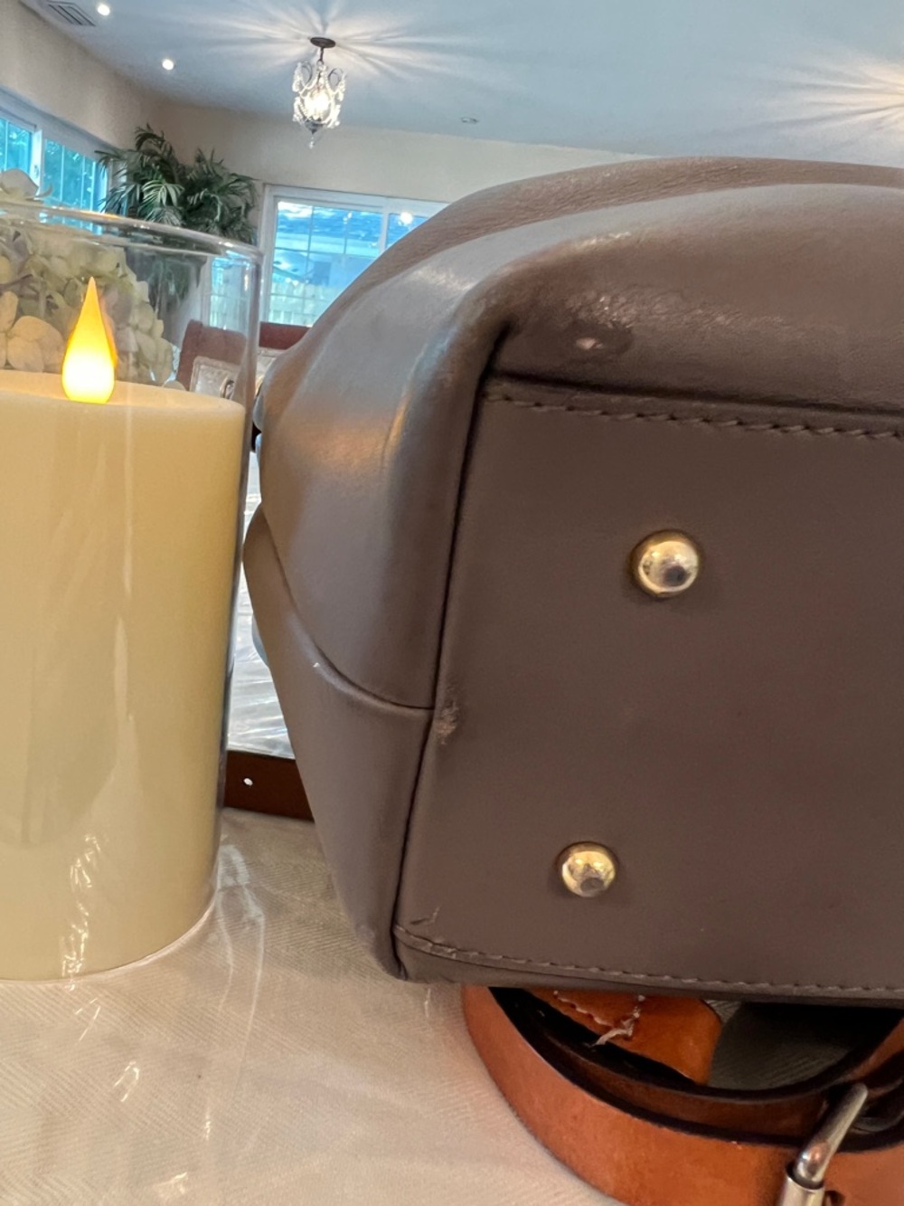Dooney & Bourke Taupe Leather Satchel with Tan Handles & Crossbody Strap - Picture 5 of 6